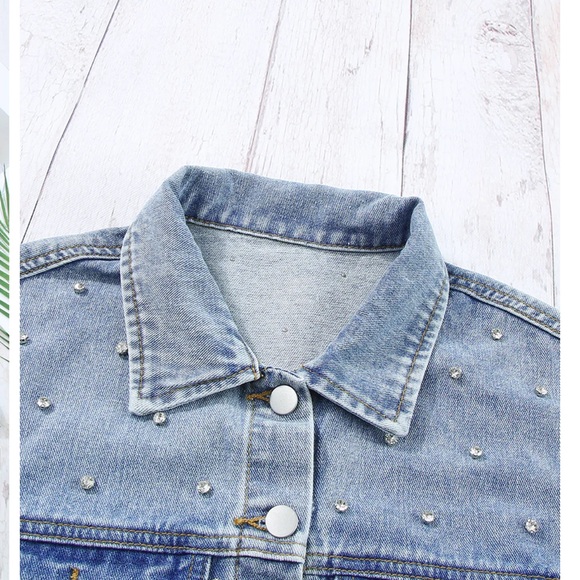 Women's Light Blue Denim Jacket with Rhinestone Stud Details - Picture 10 of 15